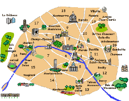 Map of Paris showing the important sites Map of Paris showing the important sites